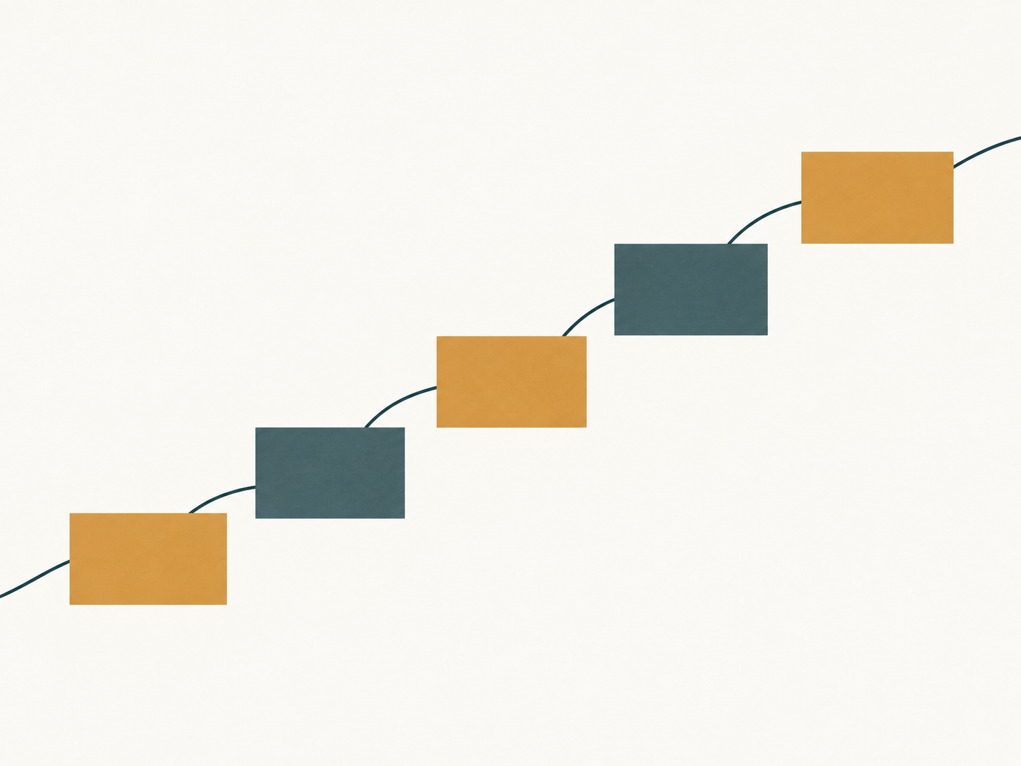 Alternating teal and gold blocks connected by a rising line on a cream background.