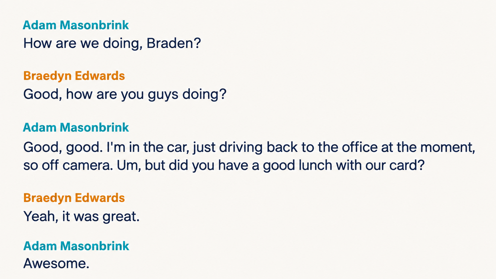 Timeglass transcript with speaker names attached to each part of the conversation.