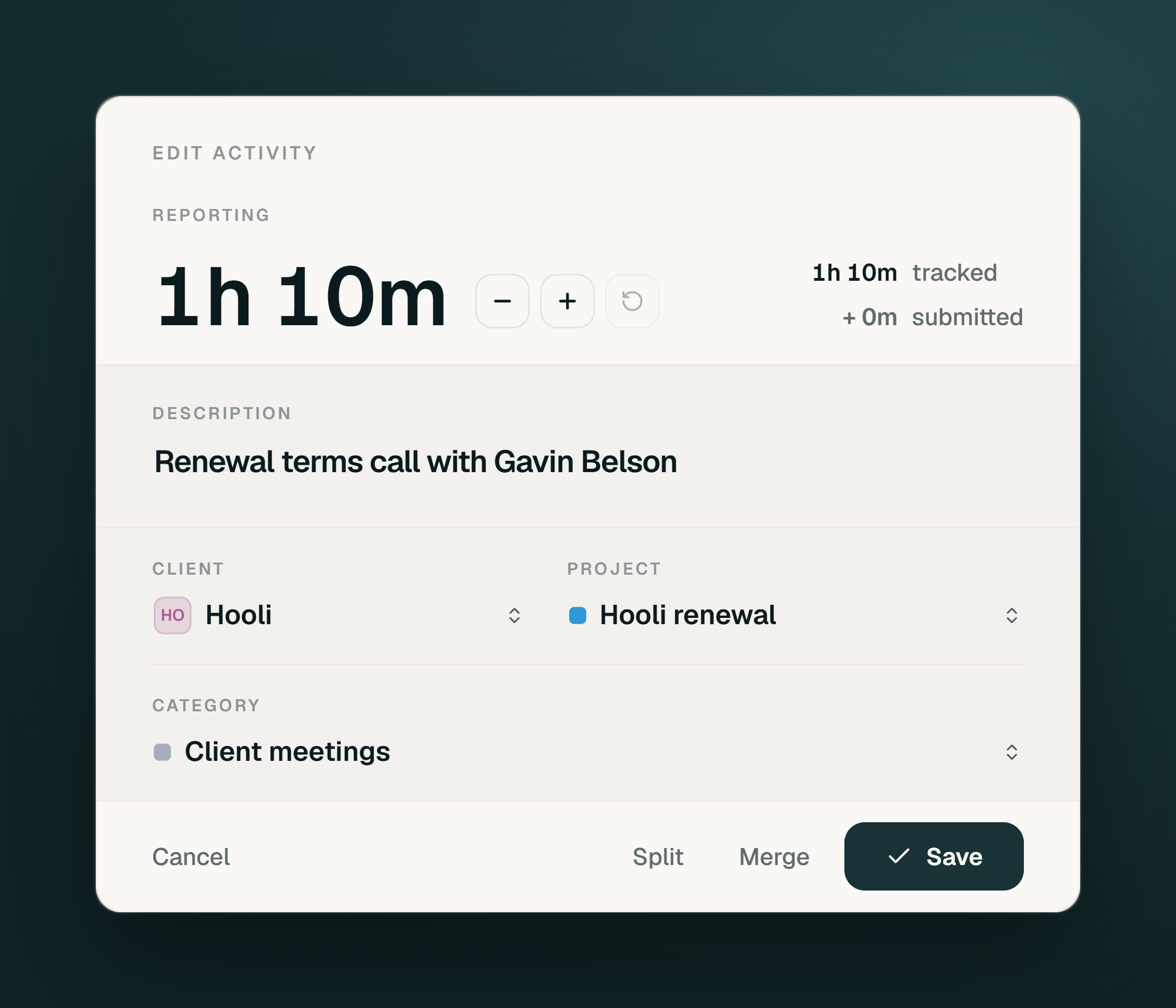 The Timeglass activity editor shows an example client entry with Split and Merge controls.