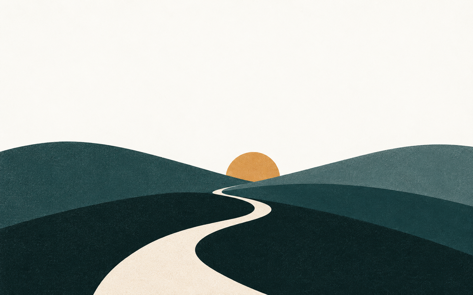 An illustrated cream path winds through deep teal hills toward a golden sun.