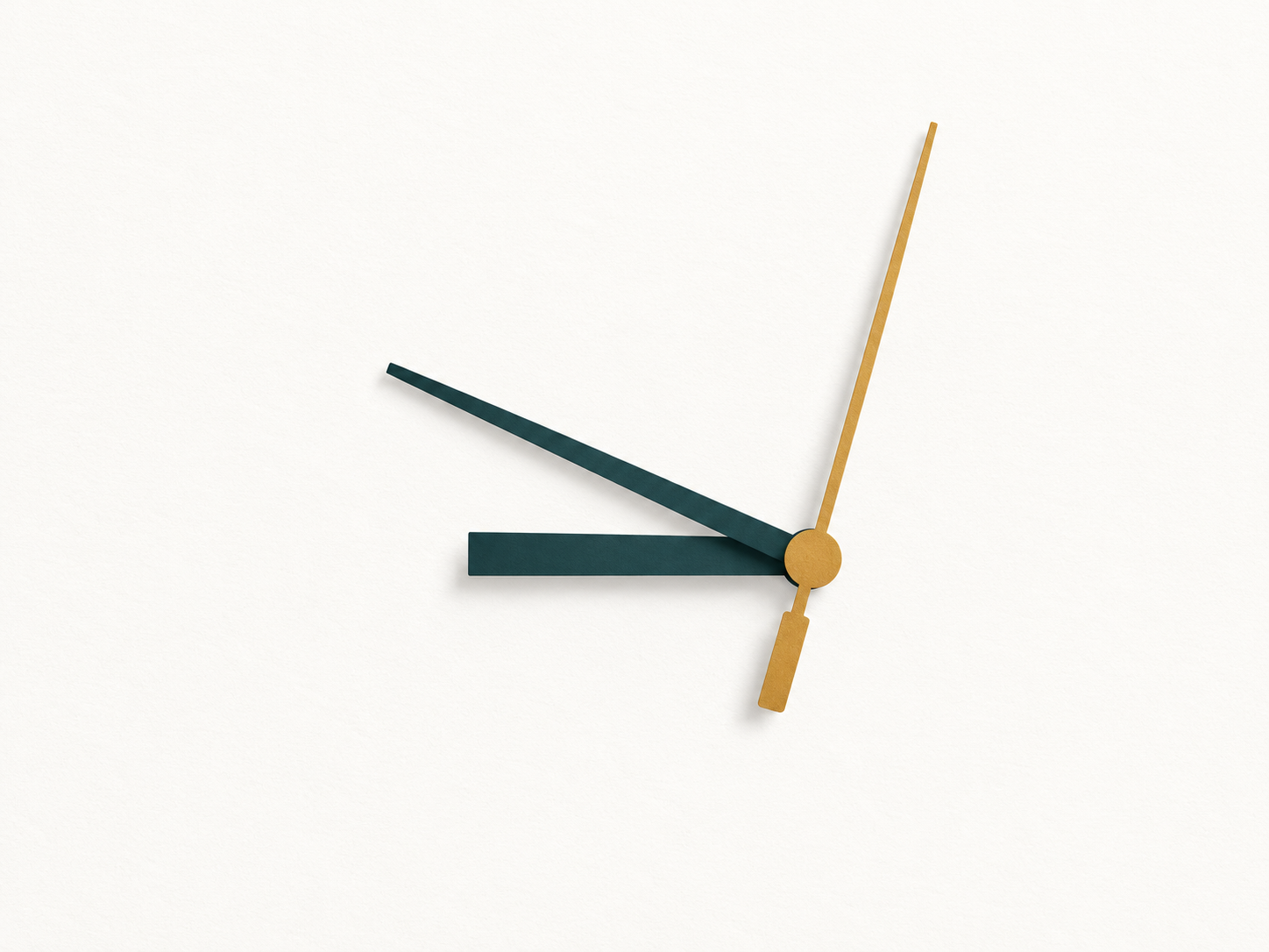 Teal and gold clock hands meeting at a gold center on a cream background.