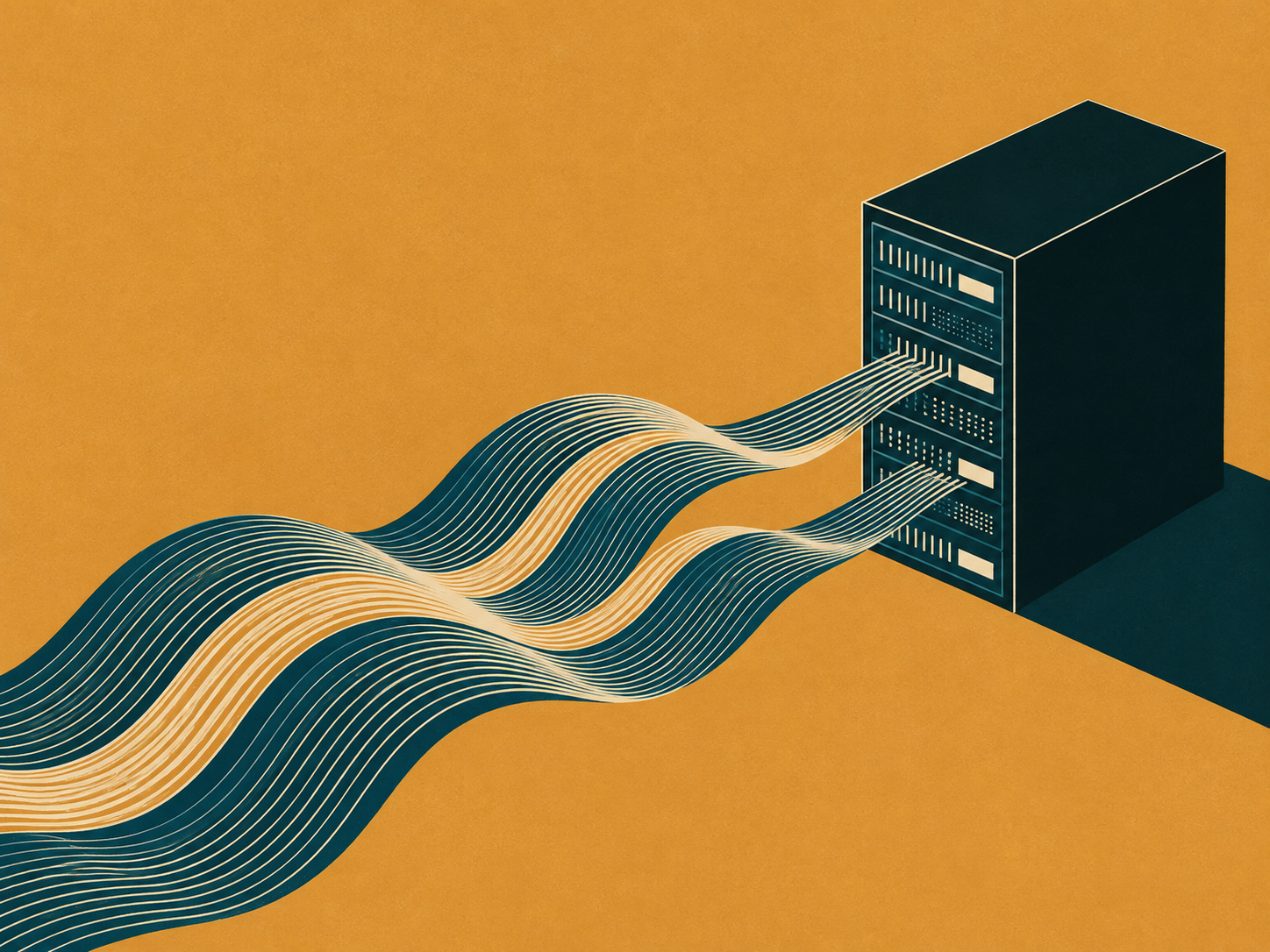 Teal server with flowing teal and cream data lines on a golden yellow background.