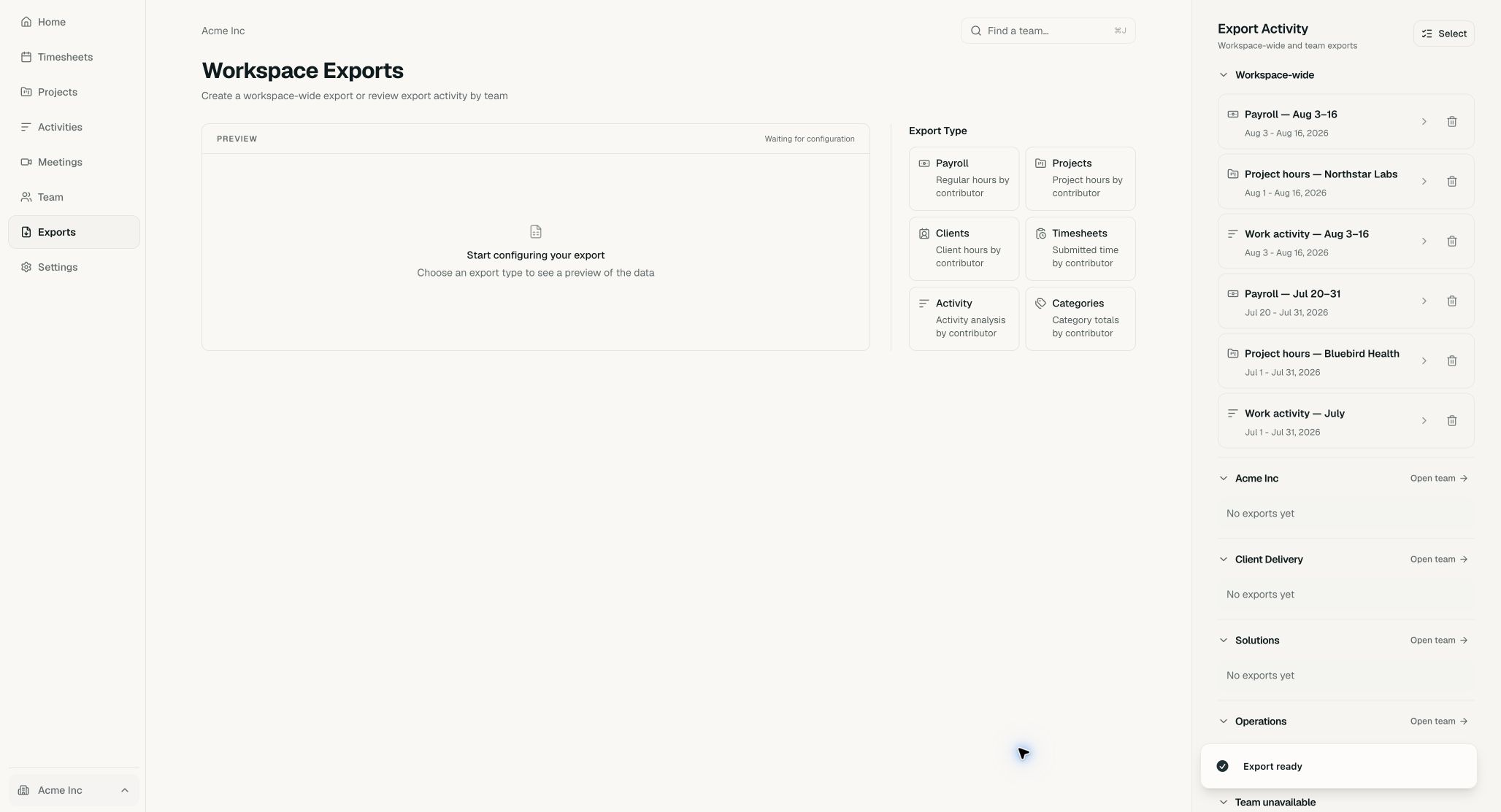 Acme Exports page after creating Acme work activity — Aug 3–16