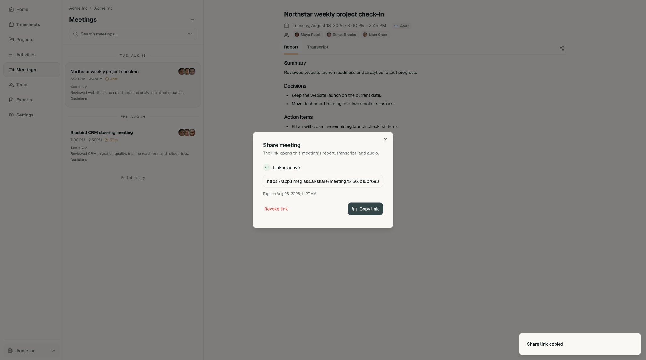 Share meeting dialog with the Copy link button