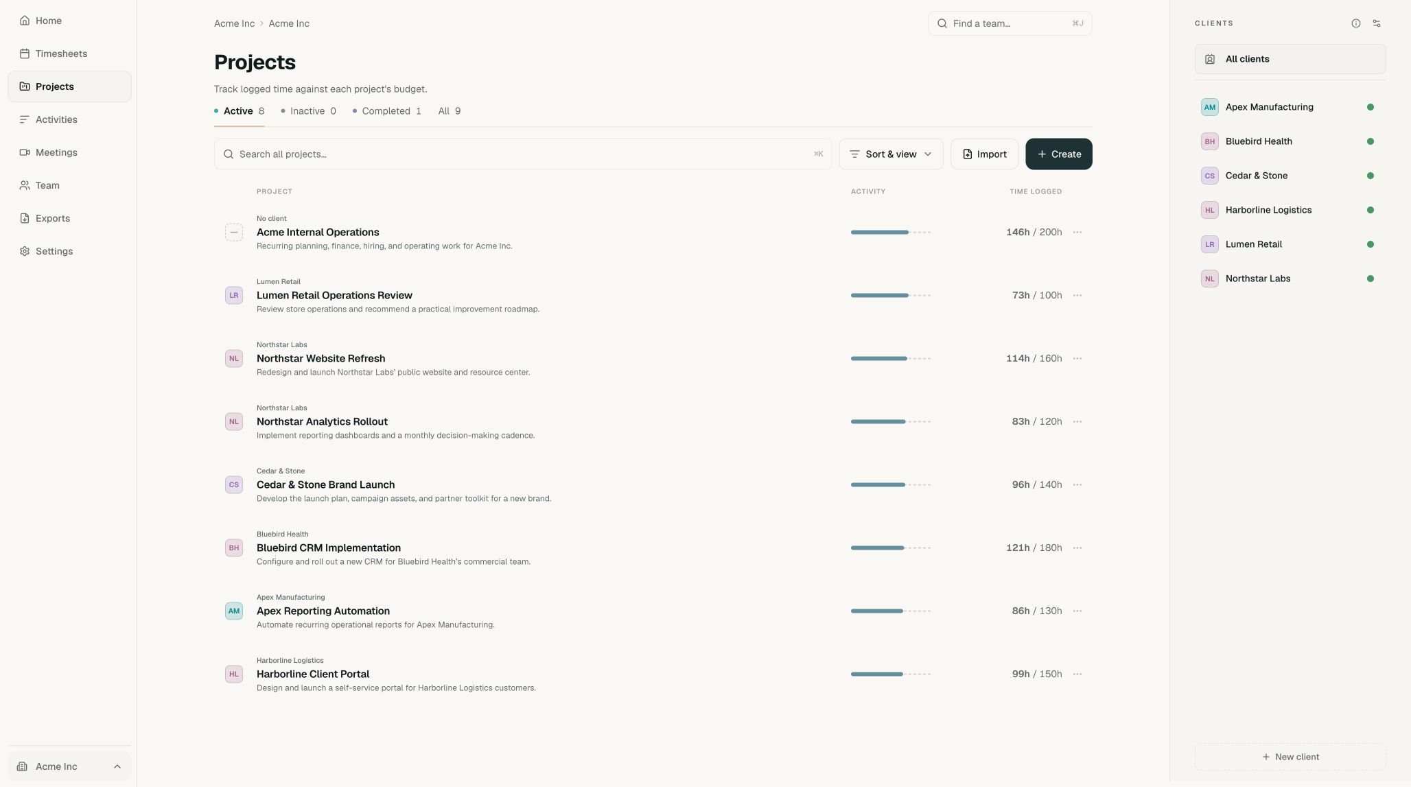 Acme Projects page with the client list on the right