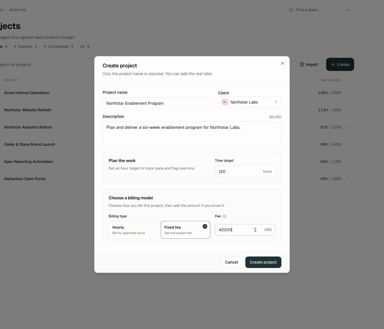 Create project form completed for Northstar Enablement Program