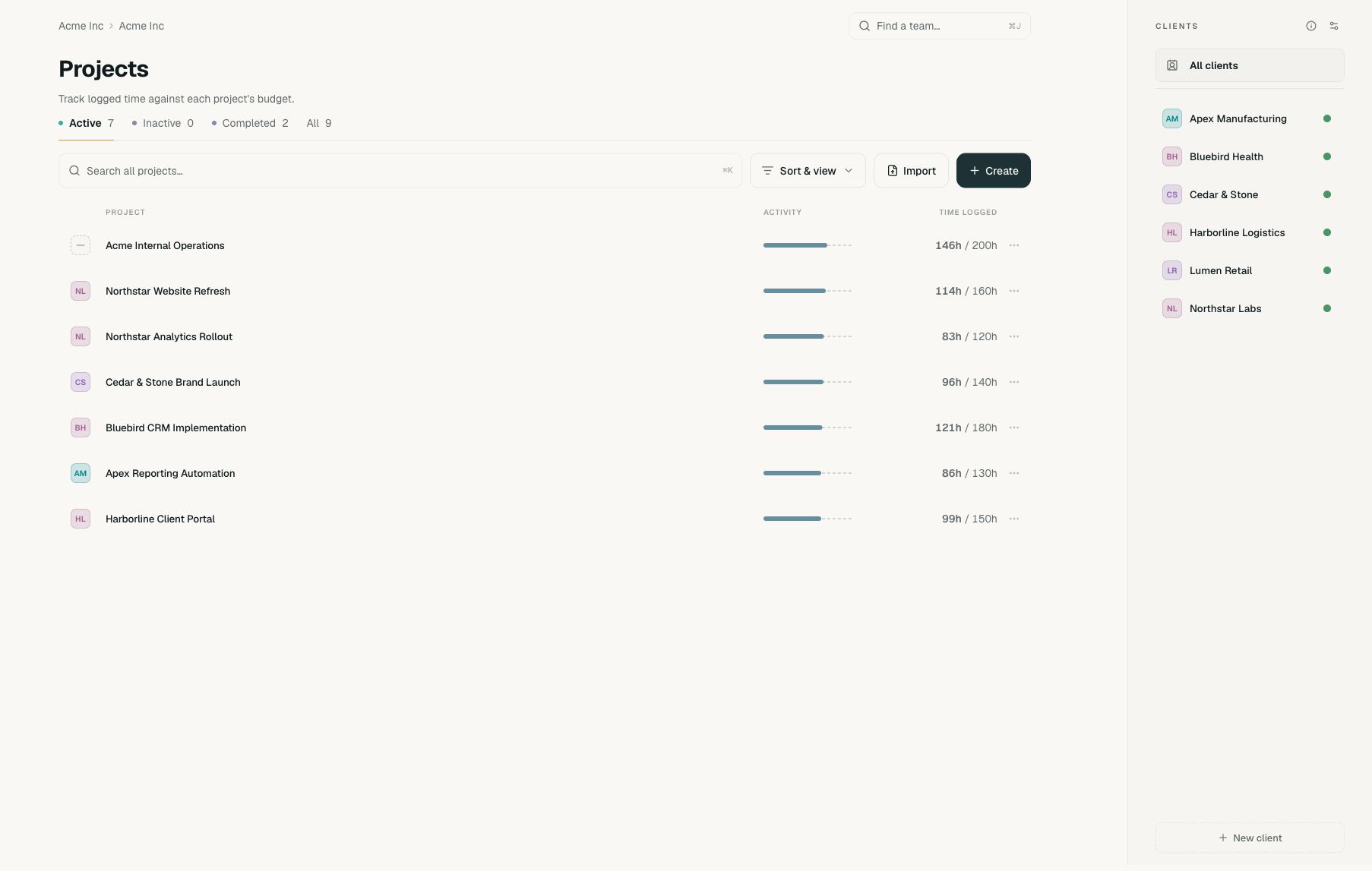 Acme Projects page with the Import button