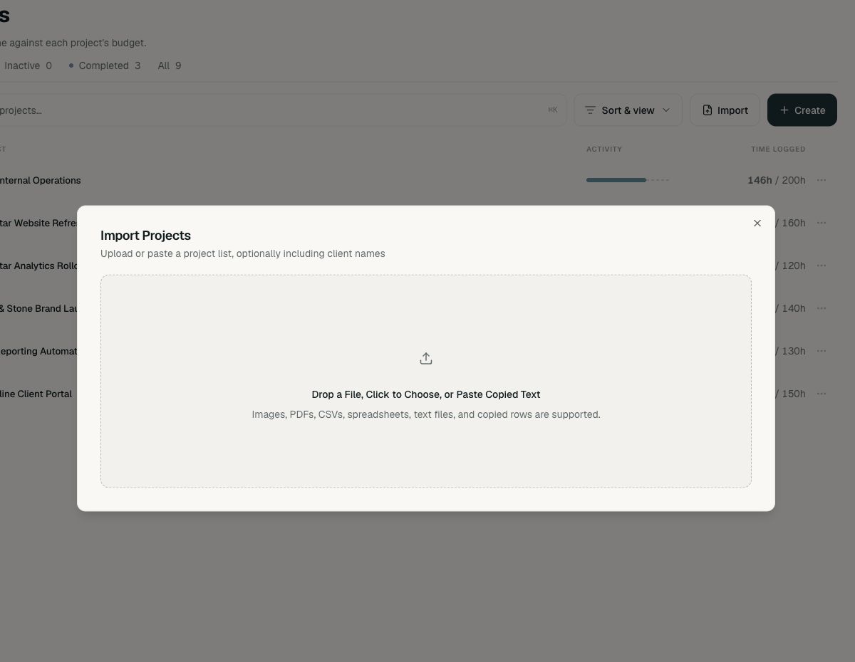 Import Projects dialog with the upload and paste area