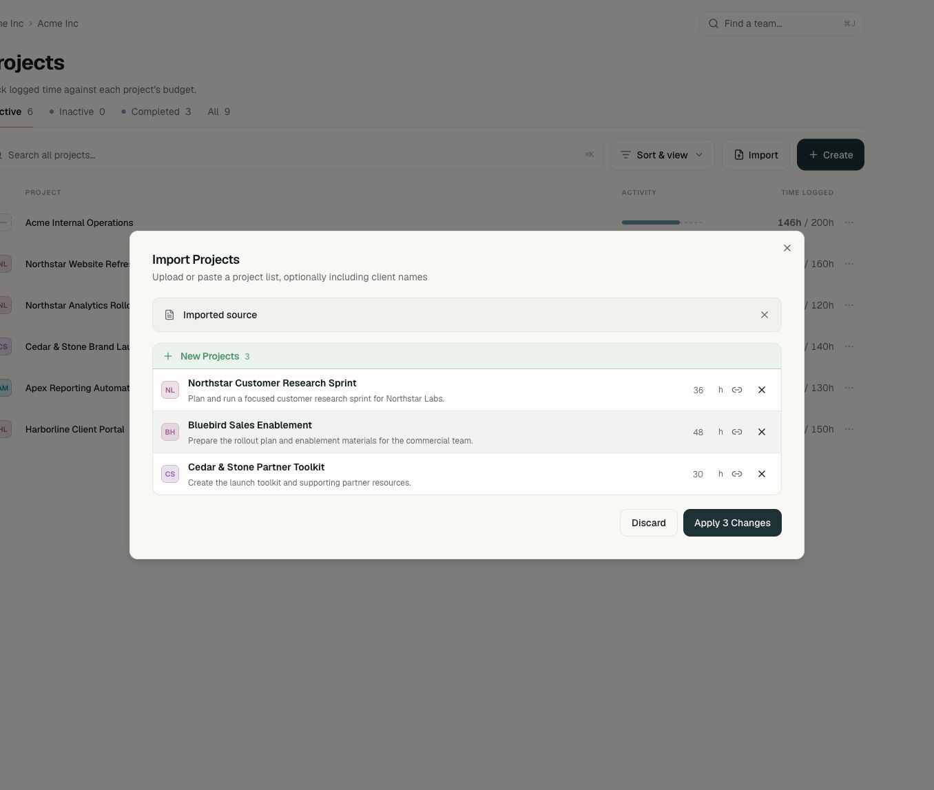 Import preview with three new Acme projects