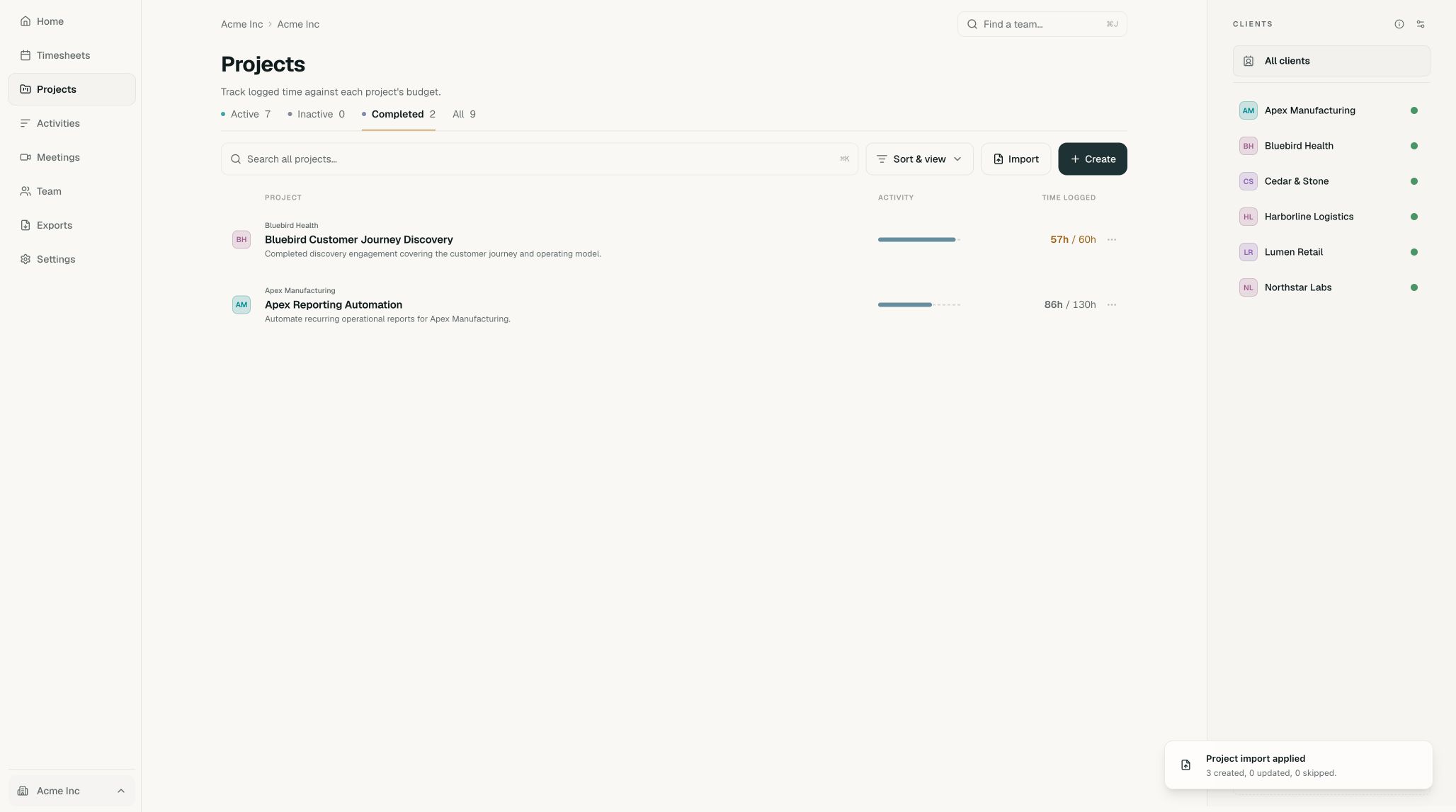 Projects page with a confirmation that three projects were created