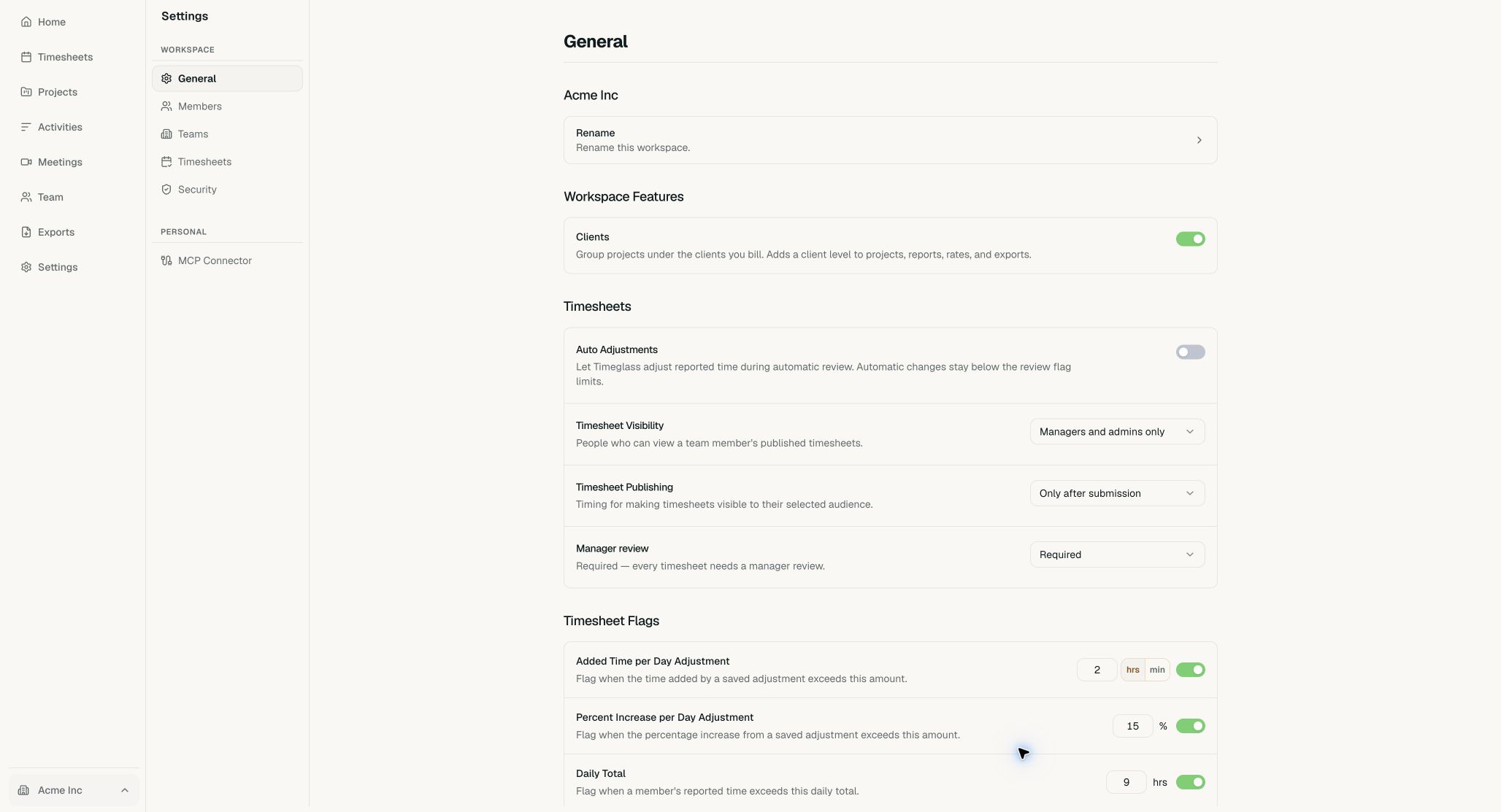 Acme General settings with Workspace Features visible