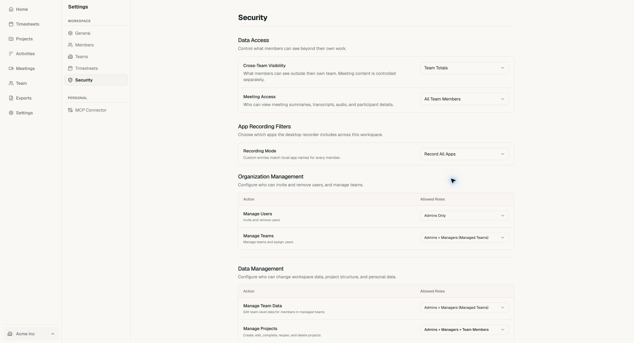 Acme Security settings with Data Retention lower on the page