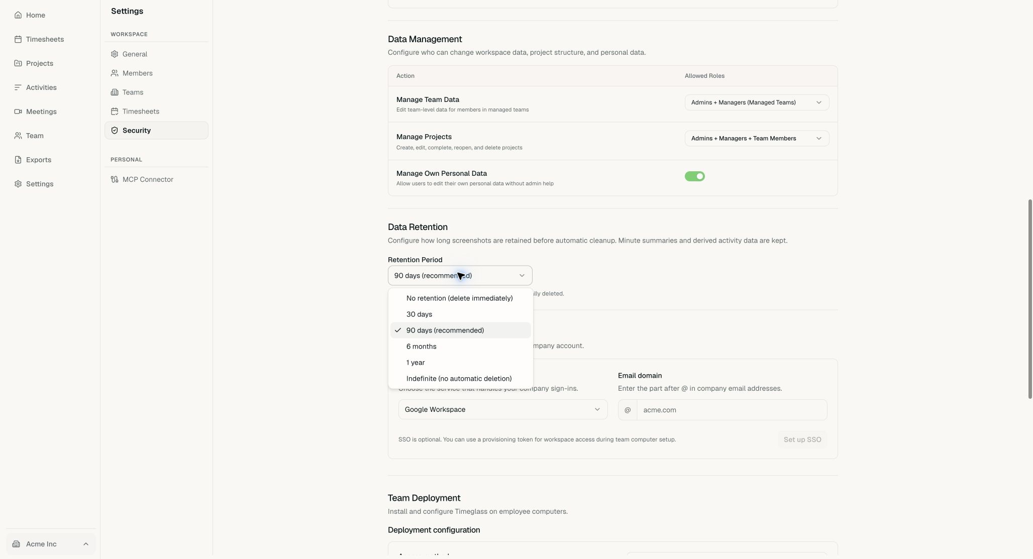Retention Period menu with immediate, 30-day, 90-day, six-month, one-year, and indefinite choices