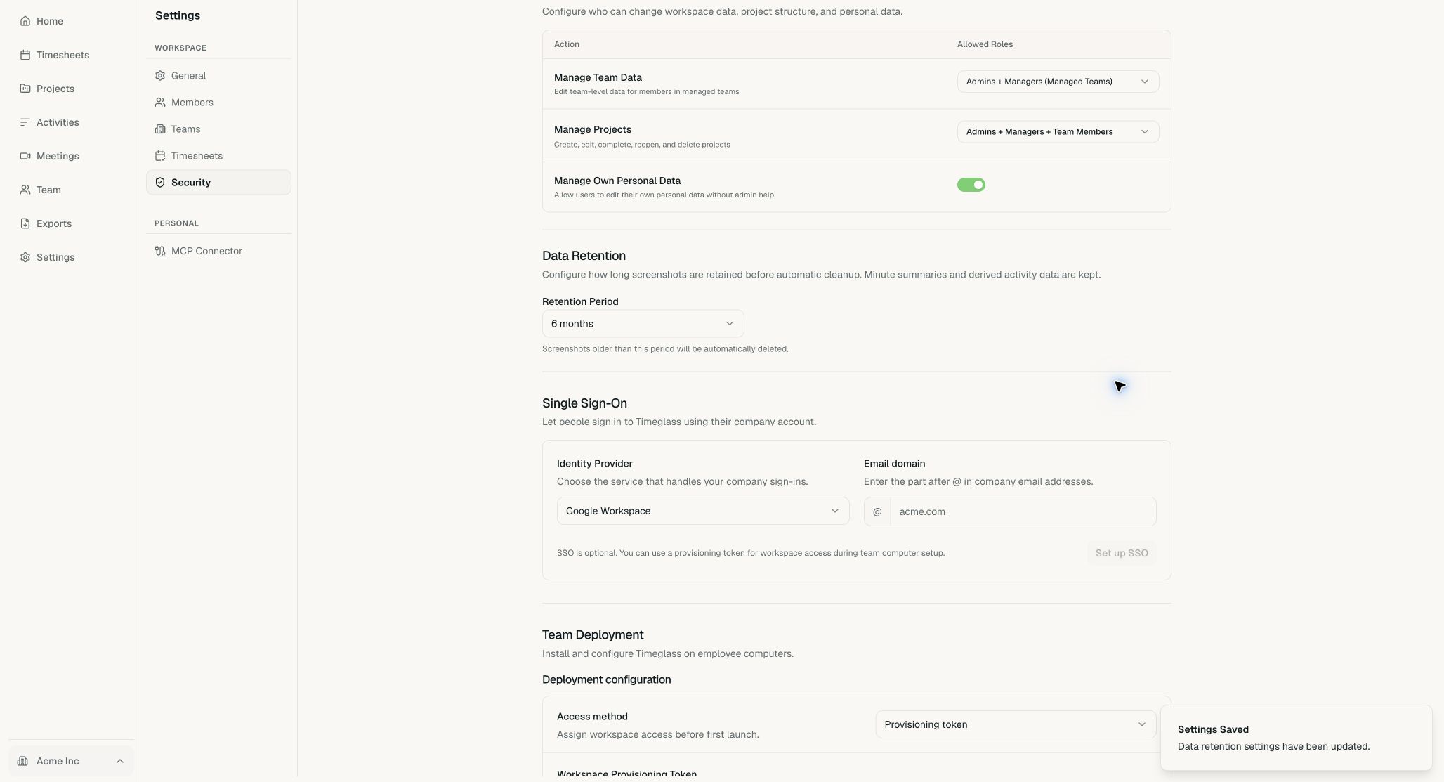 Acme Security settings confirming a saved six-month retention period