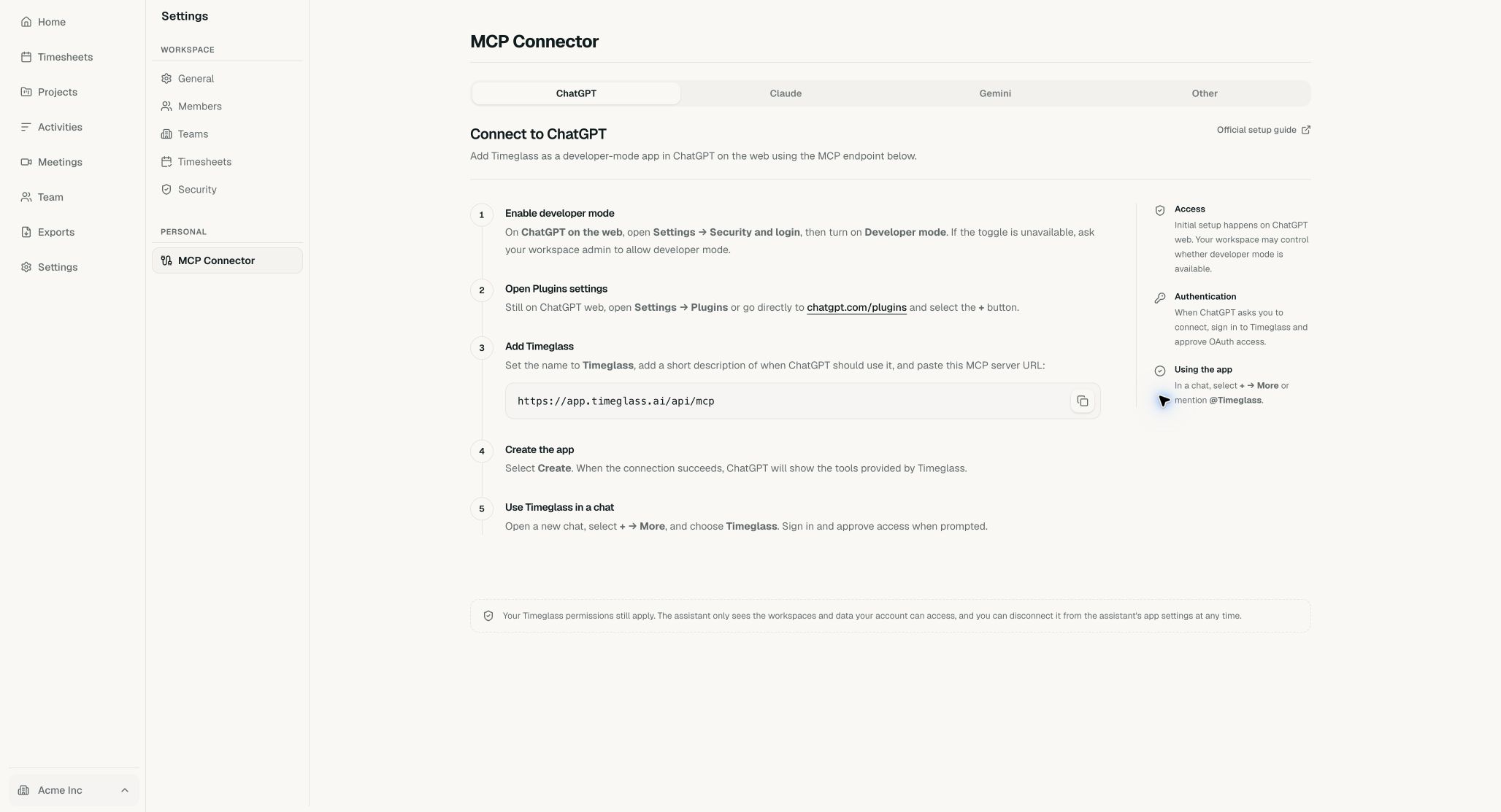 Acme MCP Connector with the ChatGPT setup steps