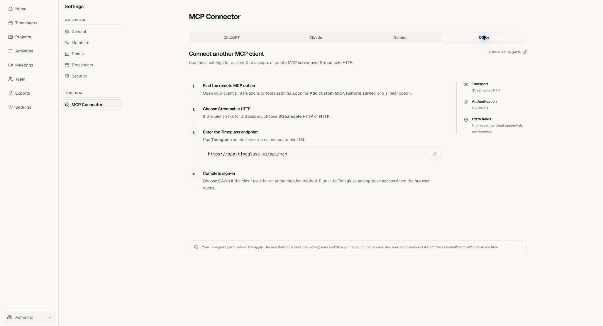 Acme MCP Connector with generic remote MCP settings