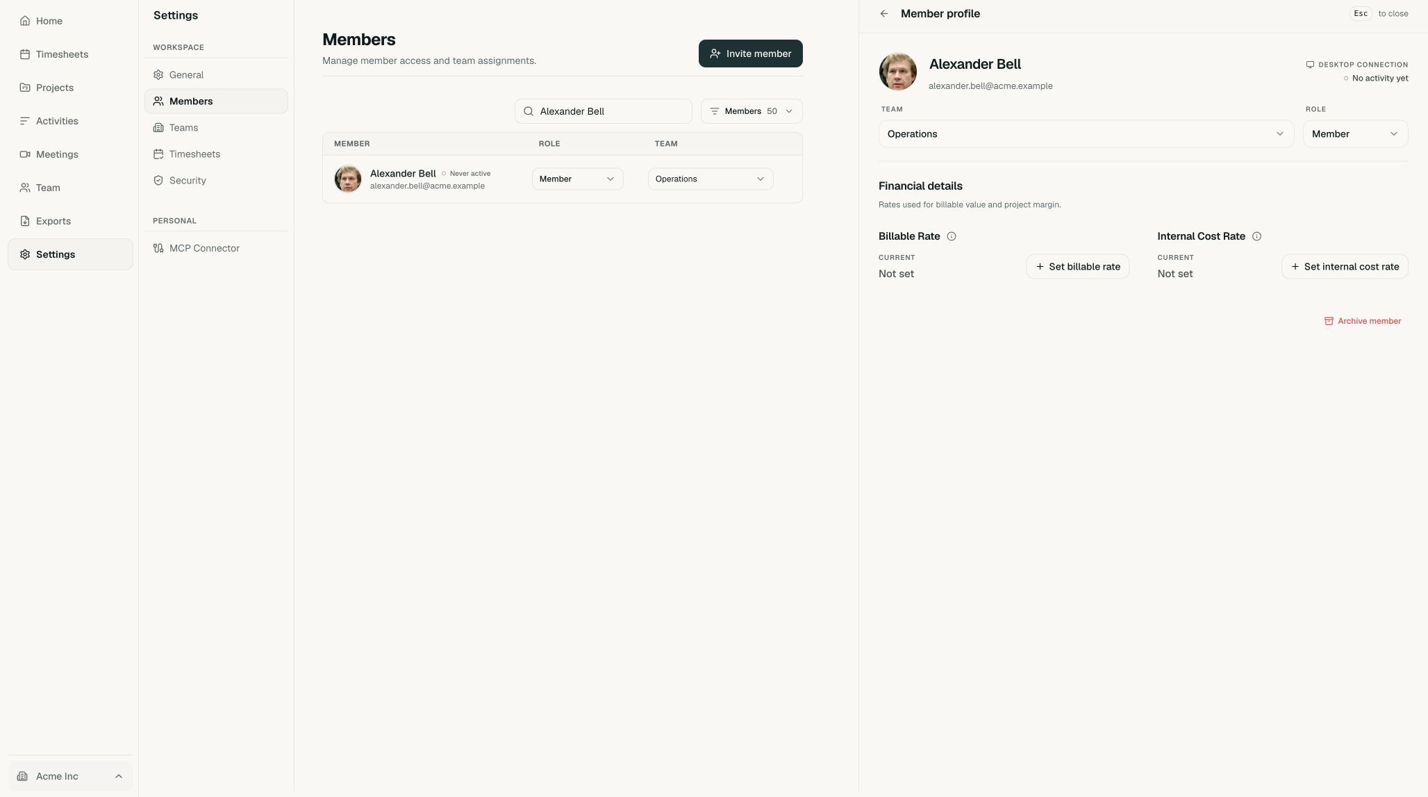 Financial details section with billable and internal cost rates not set