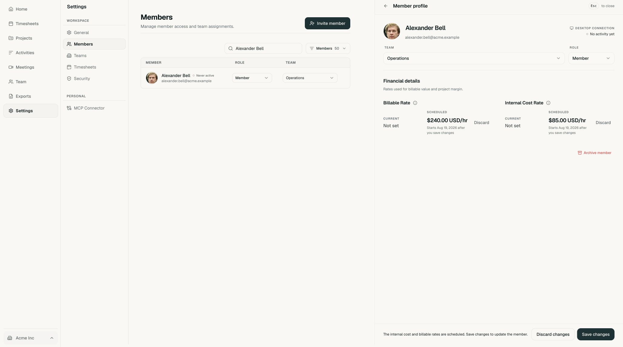 Financial details showing scheduled billable and internal cost rates