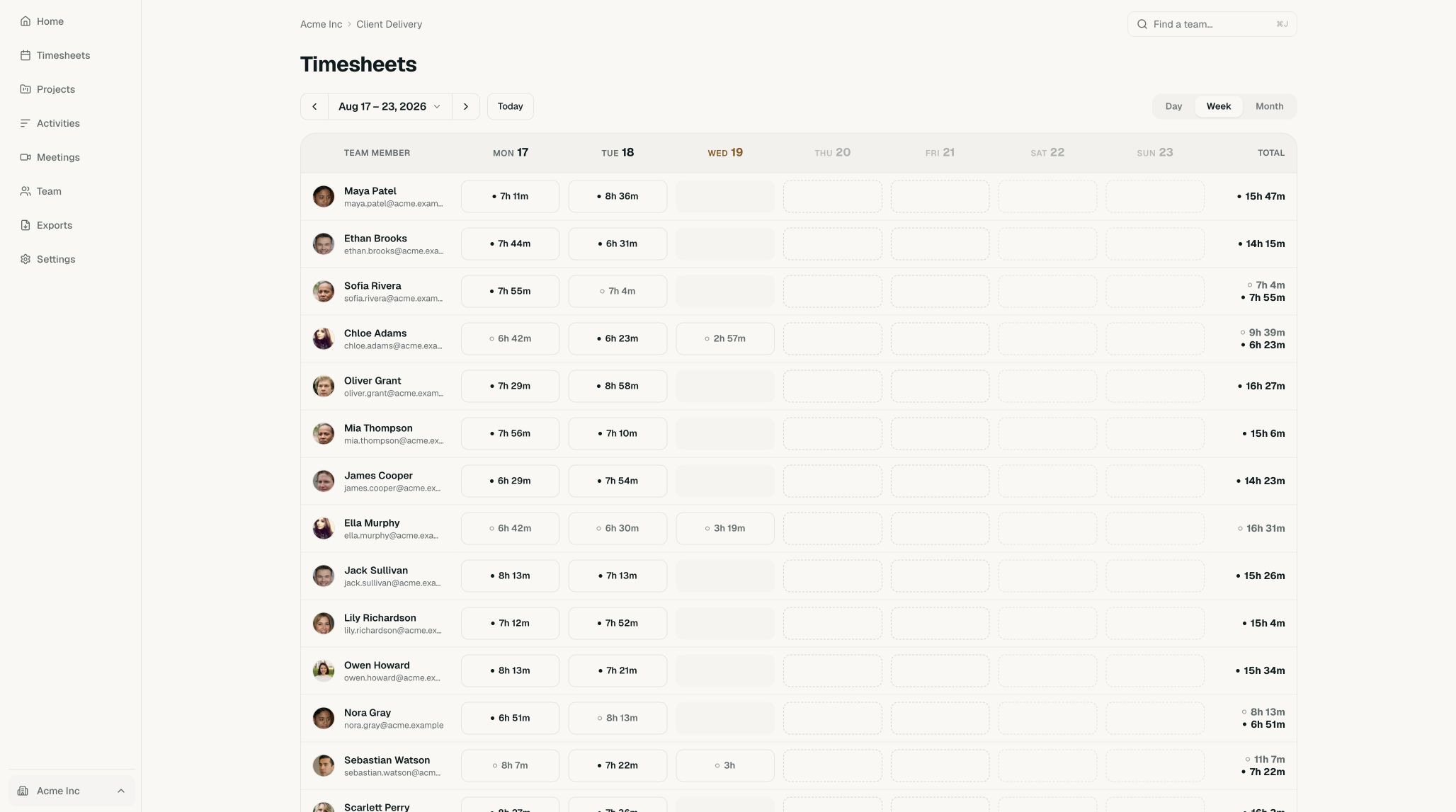 Acme team timesheet with many members and daily submission states
